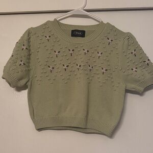 Vintage Cider Light Green Knit Top with Pink Floral Details